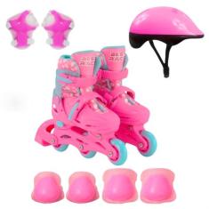 Patins 28/31 Rosa Infantil Menina C/ Kit Proteção Capacete - BBR
