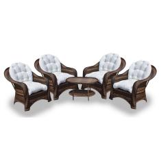 Conjunto de Poltronas Fibra Sintética Roma - 4 Poltronas + 1 Mesa Centro - Tecido Duna Cru