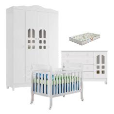 Quarto De Bebê New Selena 4 Portas Com Berço Lila E Cômoda Gran Selena Branco Brilho E Colchão Gazin – Carolina Móveis