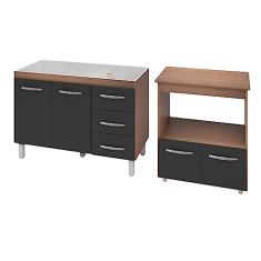 Armário Gabinete pia de 120 cm Bianca com Balcão multiuso micro-ondas Forno Elétrico Ângela Savana frente preta