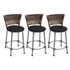 Kit 3 Banquetas Baixas Prata com Encosto Junco Capuccino Assento Preto