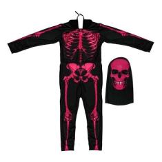 Fantasia Caveira Infantil Com Gorro Esqueleto Com Ossos Rosa Neon - Fa