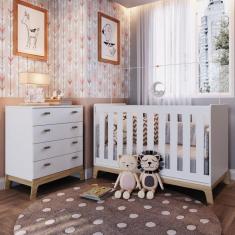 Quarto de Bebê com Berço 3 em 1 86x136,6x68cm e Cômoda 4 Gavetas Favo de Marrom Completa Móveis Branco