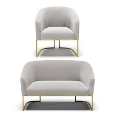 Sofá Namoradeira E Poltrona Base Industrial Dourado Stella Veludo D03 - D'rossi Cor Cinza