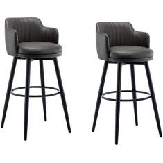 Conjunto De 2 Banquetas Para Bar Cadeira Giratória Bar Com Encosto Cozinha Ilha Bancadas Bancada Altura Com Braços, Couro Preto Pernas De Metal Preto Apoio Para Os Pés Para Pub Home Bar Sala De Ja