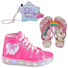 Tênis Botinha Infantil Feminino De Led Unicórnio Cano Alto + Chinelo +