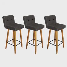 Kit 03 Banqueta Alta Com Encosto Lana Cozinha Balcão Bistrô Palito Castanho Botão Preto Suede Cinza -Ahazzo Móveis