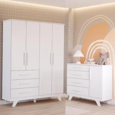 Quarto de Bebê Completo com Guarda Roupa 4 Portas Cômoda 4 Gavetas Ret