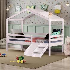 Cama Infantil Prime com Telhado Claraboia e Kit Escadinha Branco/Natural - Casatema