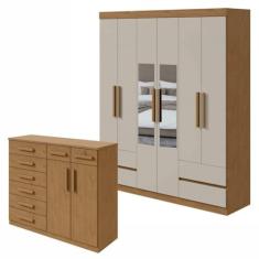 Conjunto de Guarda-roupa 6 Portas 4 Gavetas Zeus com Espelhoe Cômoda 8 Gavetas 2 Portas Toronto Amêndoa Clean/off White