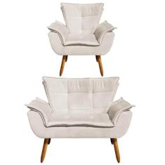 Kit Namoradeira 2 Lugares e 1 Poltrona Decorativa Pés Palito Opla Suede Bege - Ibiza
