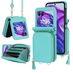 Asuwish Capa de celular para Motorola Razr Plus 2024/Moto Razr 50 Ultra com suporte para cartão de crédito com zíper alça transversal cordão com bloqueio de RFID RazrPlus Plus2024 + 5G mulheres