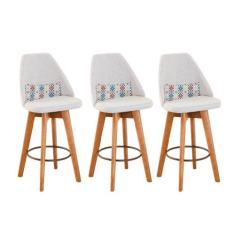 Kit 03 Banquetas Alta Maya Giratória Com Encosto Gourmet Linho Bege e 