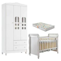 Berço Americano Mirelle e Guarda Roupa New Selena 3 Portas Branco Brilho com Colchão Gazin - Carolina Móveis
