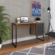 Escrivaninha Industrial 120cm 3 Gavetas Placa e Ponto Grafite e Mel