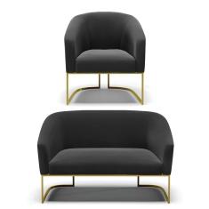 Namoradeira E Poltrona Base Industrial Dourado Stella Suede Preto D03 - D`rossi