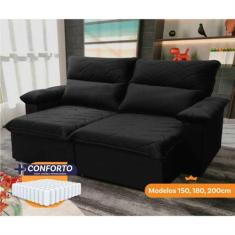 Sofá Retrátil Reclinável Paris 1,80m Suede Velut Preto Molas Ensacadas