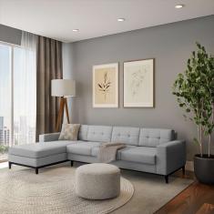 Sofá 4 Lugares Calmness com Chaise Esquerdo Pés e Base em Madeira Linho Cotton Cinza