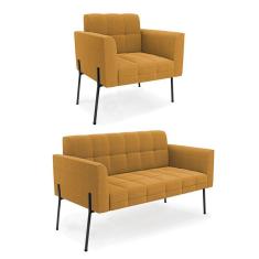 Sofá Namoradeira E Poltrona Pé Ferro Pto Elisa Bouclê Mostarda D03 - D'rossi