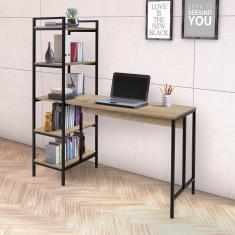 Escrivaninha Com Estante 5 Prateleiras Conect Preto Fosco/Carvalho Montreal