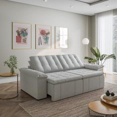 Sofá Cama Retrátil E Reclinável 3 Lugares 260cm Em Linho Com Molas Palmeira Cabecasa Madeiramadeira Prata