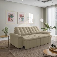 Sofá Cama Retrátil E Reclinável 3 Lugares 260cm Em Veludo Com Molas Palmeira Cabecasa Madeiramadeira Bege