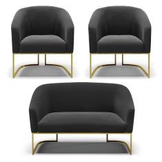 Namoradeira e 2 Poltronas Industrial Dourado Stella Suede Preto D03 - D'Rossi