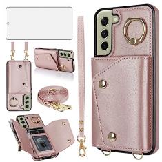 Capa de telefone para Samsung Galaxy S21 FE 5G capa carteira com protetor de tela e suporte de anel slot para cartão de crédito alça transversal celular S 21 EF S21FE5G UW S21FE 21S G5 16.3 cm