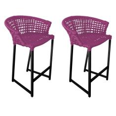 Kit 2 Banquetas Reis em Corda Náutica e Base em Alumínio Preta para Área Gourmet - Externa Rosa