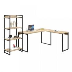 Conjunto Home Office Industrial 1 Escrivaninha Em L E 1 Estante 4 Prateleiras Kuadra Compace Carvalho