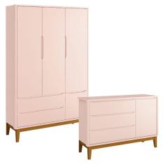 Cômoda Infantil e Guarda Roupa 3 Portas New Classic Rosa com Pés Madeira – Reller