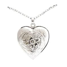 Colar Relicário Coração com Flor Prateado Médio
