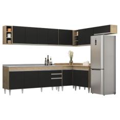 Armário de Cozinha Modulado de Canto 8 Peças CP27 com Pia Inox Castanho/Preto - Lumil