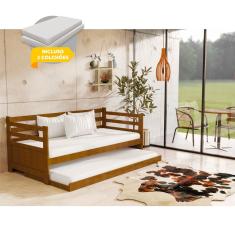 Sofá Cama Rústico Madeira Maciça Enjoy Com Auxiliar E 2 Colchões - Imbuia - Cor: Marrom