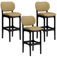 Kit 3 Banquetas Alta Bar Cozinha Sala Jantar Fixa Betta L02 Preto Couríssimo Casco Fendi - Lyam Decor