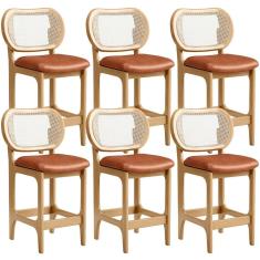Kit 6 Banquetas Baixa Betta L02 Assento Courino Base Madeira Encosto Fixo Mel para Cozinha