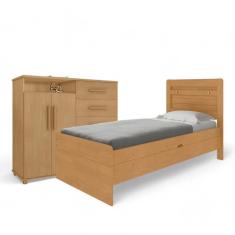 Conjunto de Cama Solteiro com Colchão e Cômoda Larissa Helena em MDF Amadeirado para Quarto