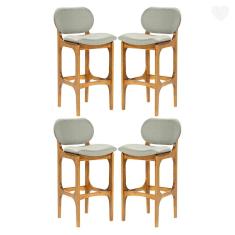 Kit 4 Banquetas Alta Estofada Rafine Madeira Maciça Castanho Linho Verde