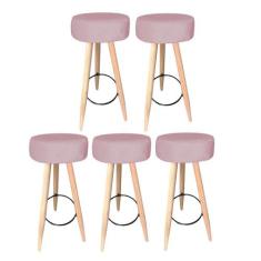 Kit 05 Banqueta Alta Flora Pés Palito em Madeira Branco  Bar Bistrô Co