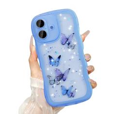 UEEBAI Capa Wave para iPhone 16 de 6,1 polegadas, linda capa brilhante com glitter para mulheres, linda capa de telefone brilhante para meninas, capa transparente com borboleta, ondulada, à prova de