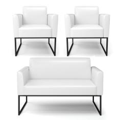 Sofá Namoradeira Com 2 Poltronas Base Industrial Preto Marisa Corano Branco D03 - D'rossi