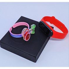 Kit Relógio Digital Led Touch Prova água Menina Esporte + Bracelete Pulseira Infantil 3D desenho animado Presente