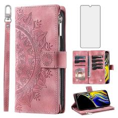 Asuwish Capa de telefone para Samsung Galaxy Note 9 capa carteira com protetor de tela de vidro temperado e alça de pulso Mandala flor couro flip zíper compartimento para cartão Cell Note9 Not S9