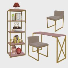 Kit Escritório Bex 2 Cadeiras Suede Bege com 1 Mesa e 1 Livreiro Ferro Dourado mdf Rose Rosa - Ahazzo Móveis