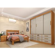 Quarto Completo Guarda Roupa 3 Portas Cama Casal E Mesa De Cabeceira Chicago Tcil Móveis Cinamomo/Off White