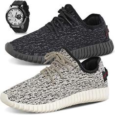 Kit 2 Pares Tenis Calce Fácil e Relógio Masculino Casual