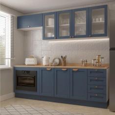 Cozinha Modulada 6 Peças com Tampo, Portas de Vidro e Balcão de Embutir Cabecasa Madeiramadeira Azul/Branco