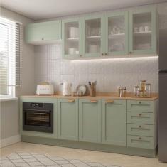 Cozinha Modulada 6 Peças com Tampo, Portas de Vidro e Balcão de Embutir Cabecasa Madeiramadeira Menta/Branco