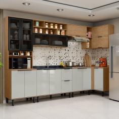 Cozinha Modulada Toscana 7 Peças Mdf com Paneleiro 1 Forno e Armários Canto Freijó/Off White