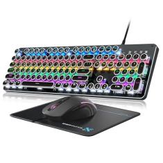 Teclado e mouse mecânicos para jogos de máquina de escrever, painel de metal retrô com botão redondo, interruptor azul, retroiluminado por LED arco-íris 104 teclas, mouse e pad antirfantasma para PC
